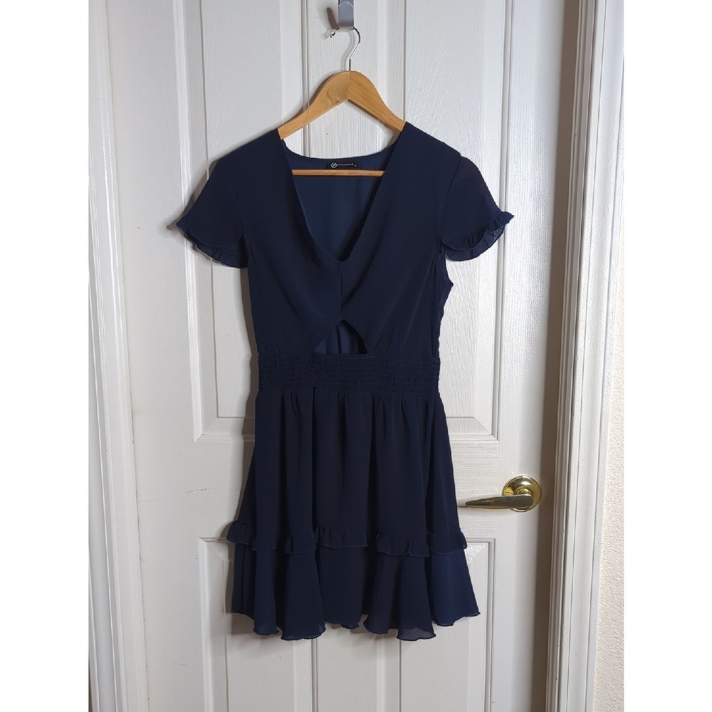 Prettygardenโ Navy Blue Tiered Mini Dress Flutter Sleeve Smocked Waist Size S